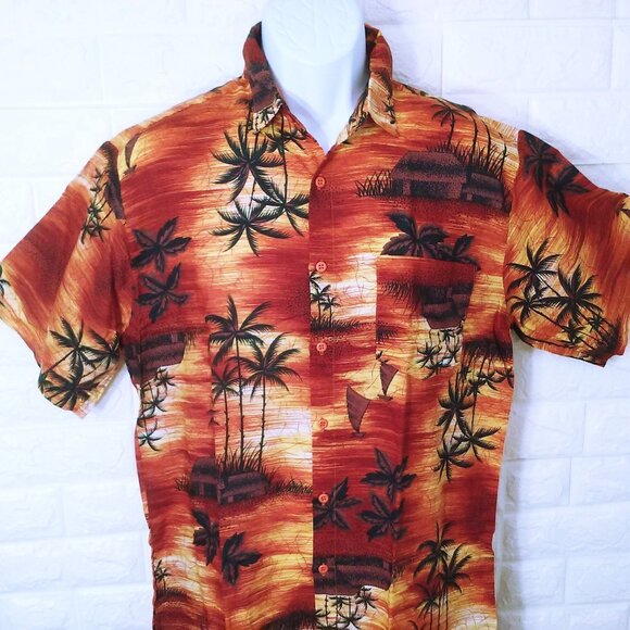 Vintage 80s Robinsons Red Bag Aloha Shirt -M Pocket SSL Vents Tropical Palm Tiki - Picture 2 of 11